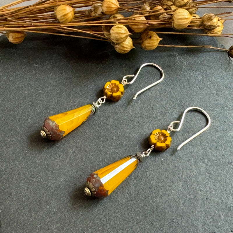 Czech Glass Yellow Dangle Earrings in Sterling Silver