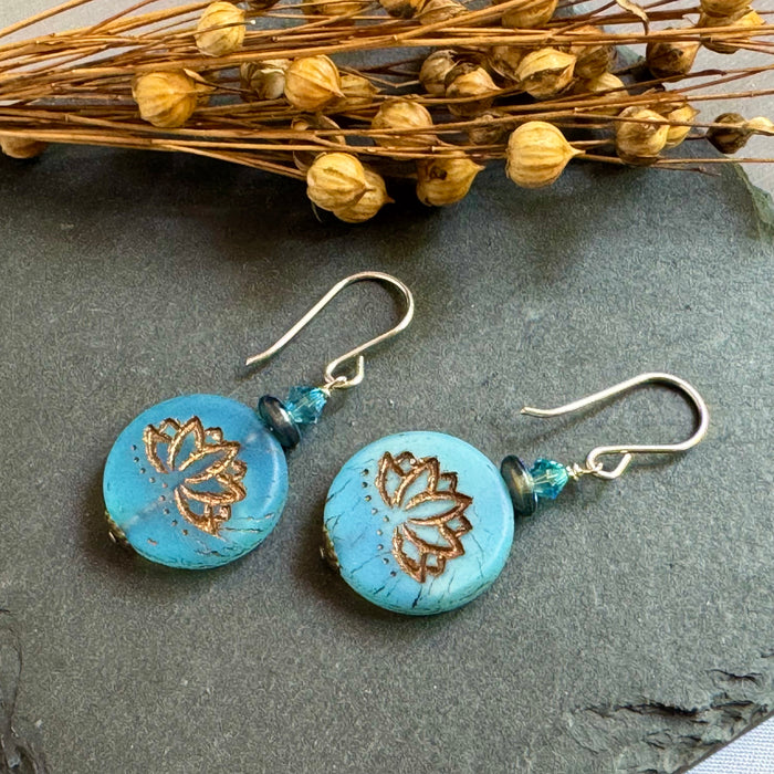 Czech Glass Blue Lotus Earrings in Sterling Silver