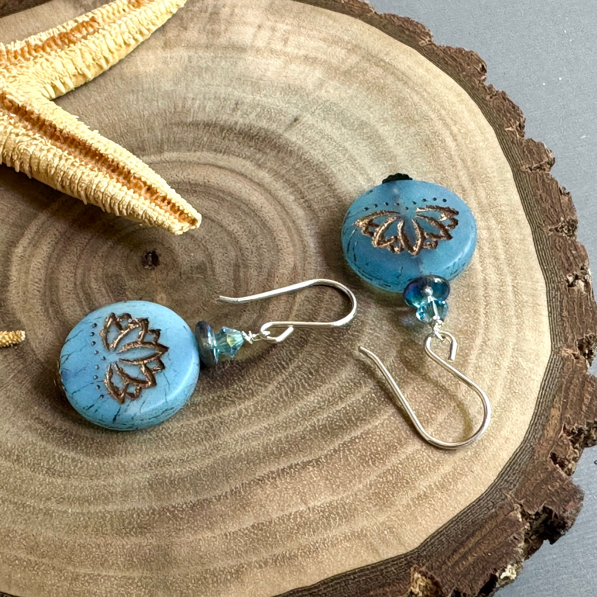Czech Glass Blue Lotus Earrings in Sterling Silver