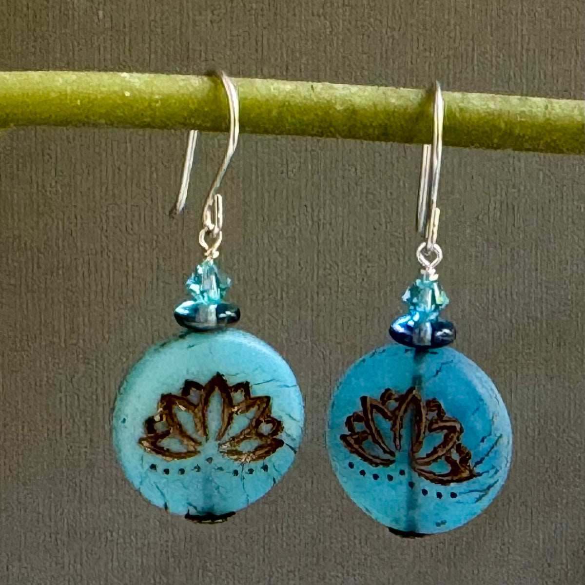 Czech Glass Blue Lotus Earrings in Sterling Silver