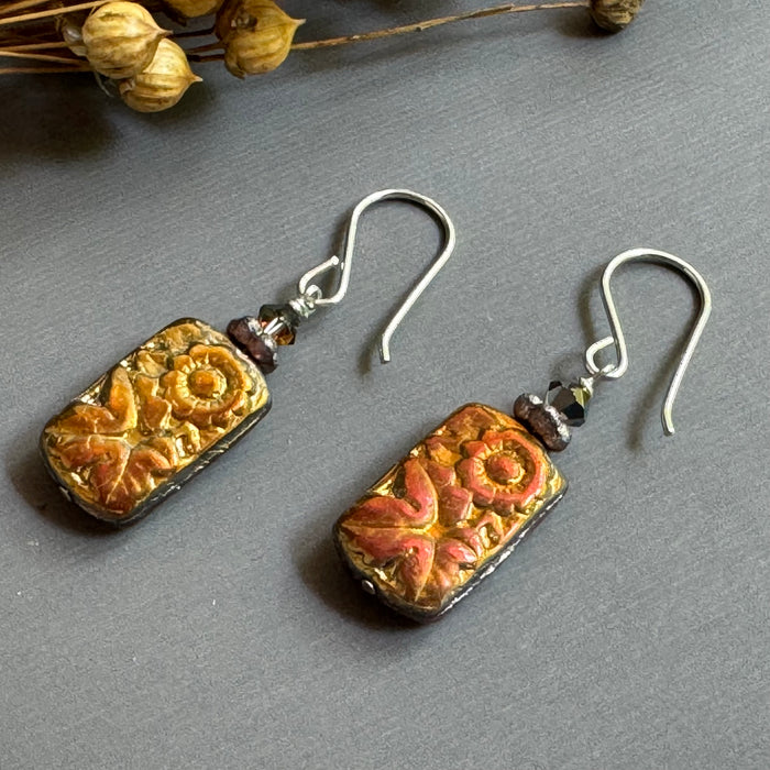 Czech Glass Rectangle Metallic Iris Flower Earrings in Sterling Silver
