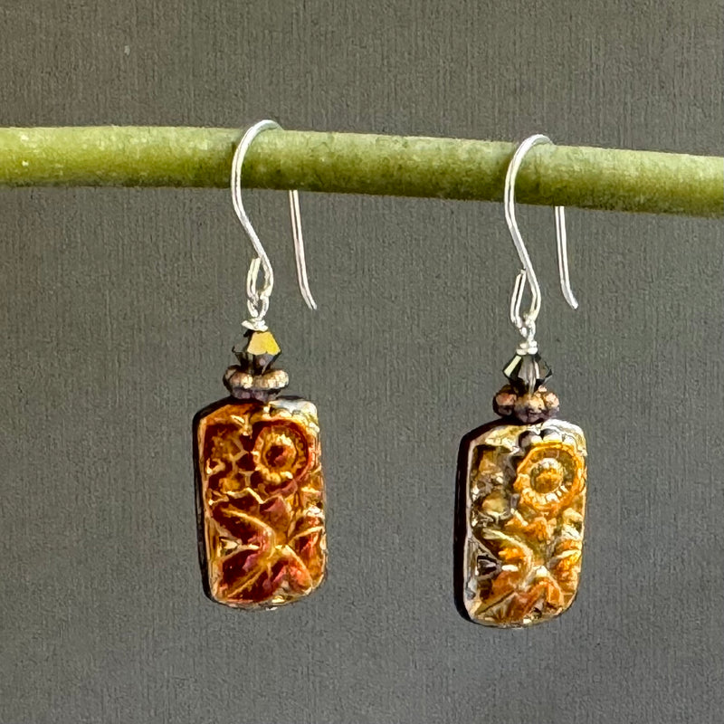 Czech Glass Rectangle Metallic Iris Flower Earrings in Sterling Silver