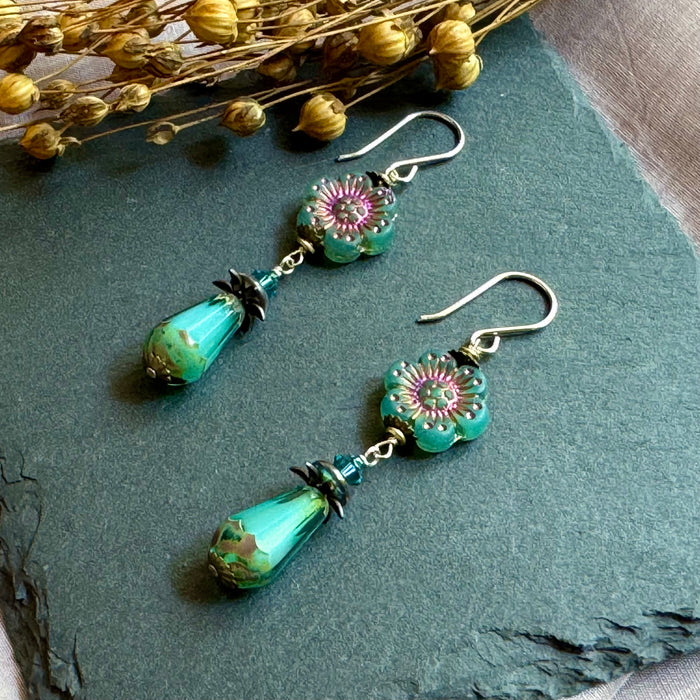 Czech Glass Aqua Hawaiian Flower Dangle Drop Earrings