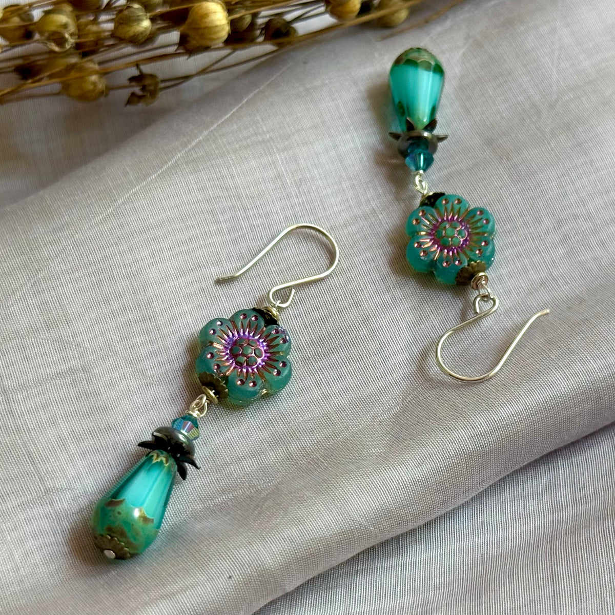 Czech Glass Aqua Hawaiian Flower Dangle Drop Earrings