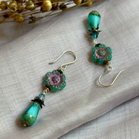 Czech Glass Aqua Hawaiian Flower Dangle Drop Earrings