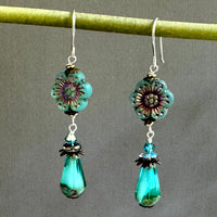 Czech Glass Aqua Hawaiian Flower Dangle Drop Earrings