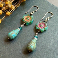Czech Glass Aqua Metallic Wildflower Dangle Earrings in Sterling Silver