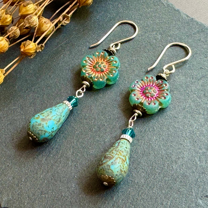 Czech Glass Aqua Metallic Wildflower Dangle Earrings in Sterling Silver