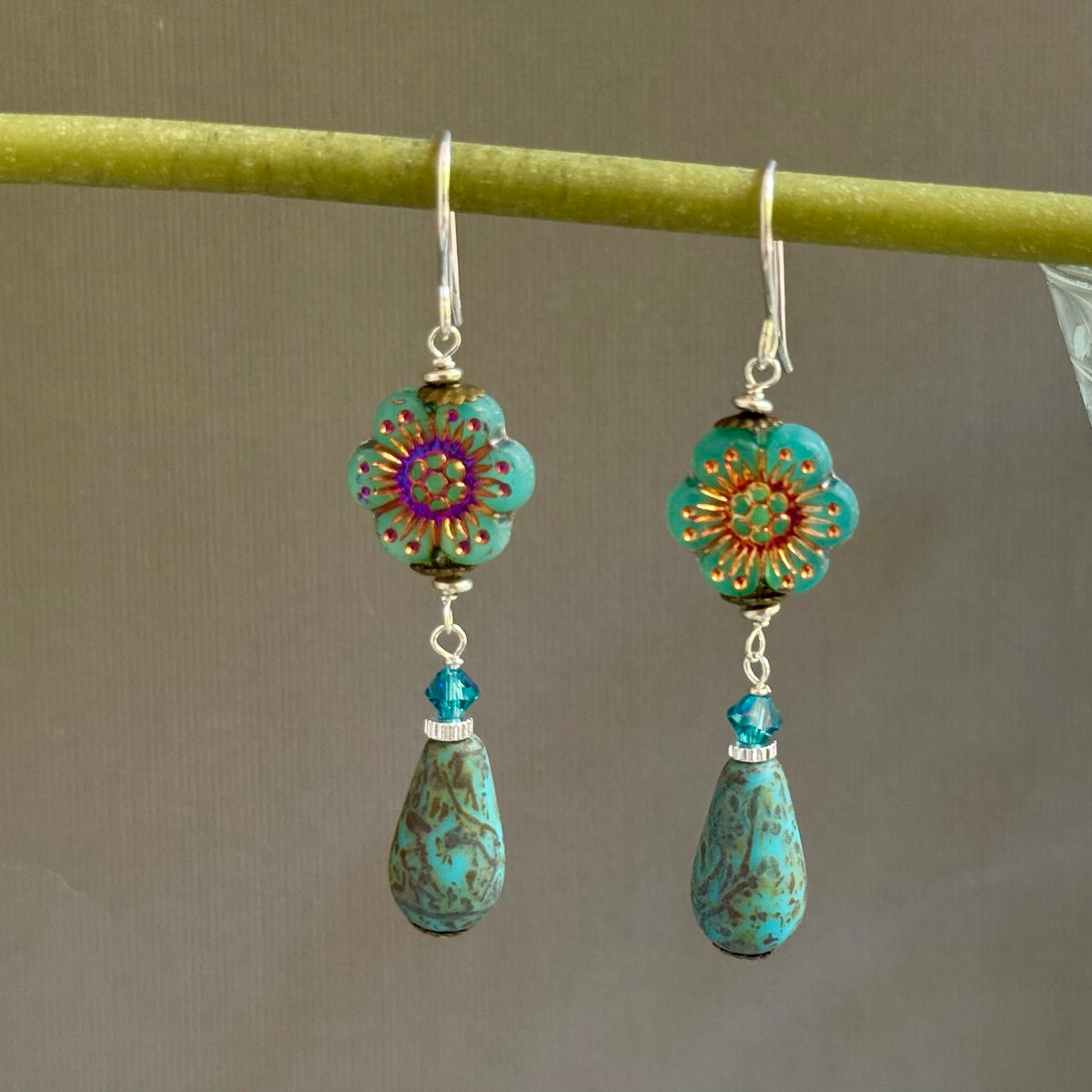 Czech Glass Aqua Metallic Wildflower Dangle Earrings in Sterling Silver