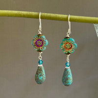 Czech Glass Aqua Metallic Wildflower Dangle Earrings in Sterling Silver