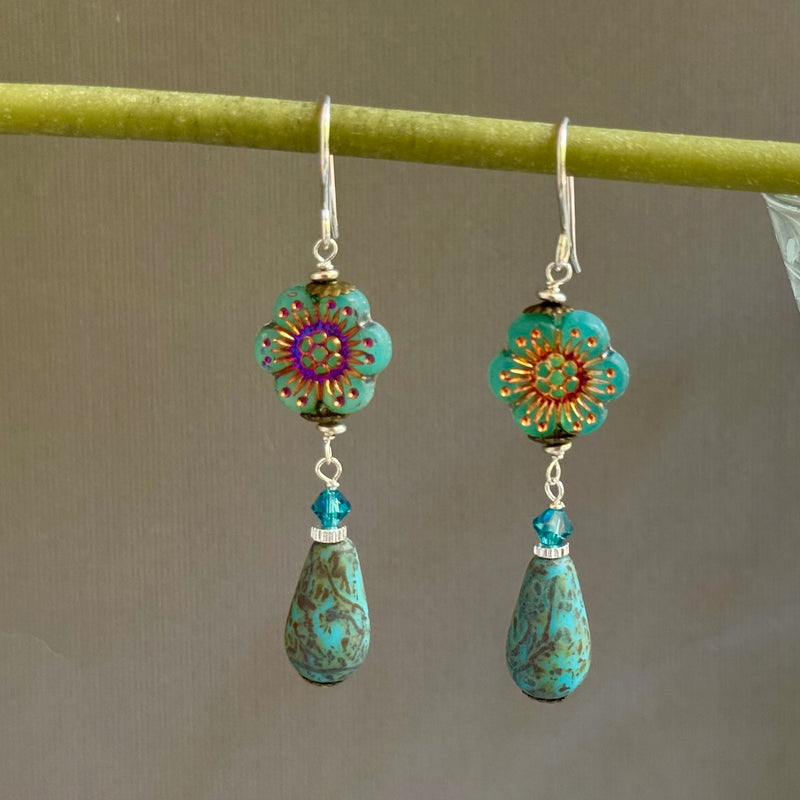 Czech Glass Aqua Metallic Wildflower Dangle Earrings in Sterling Silver