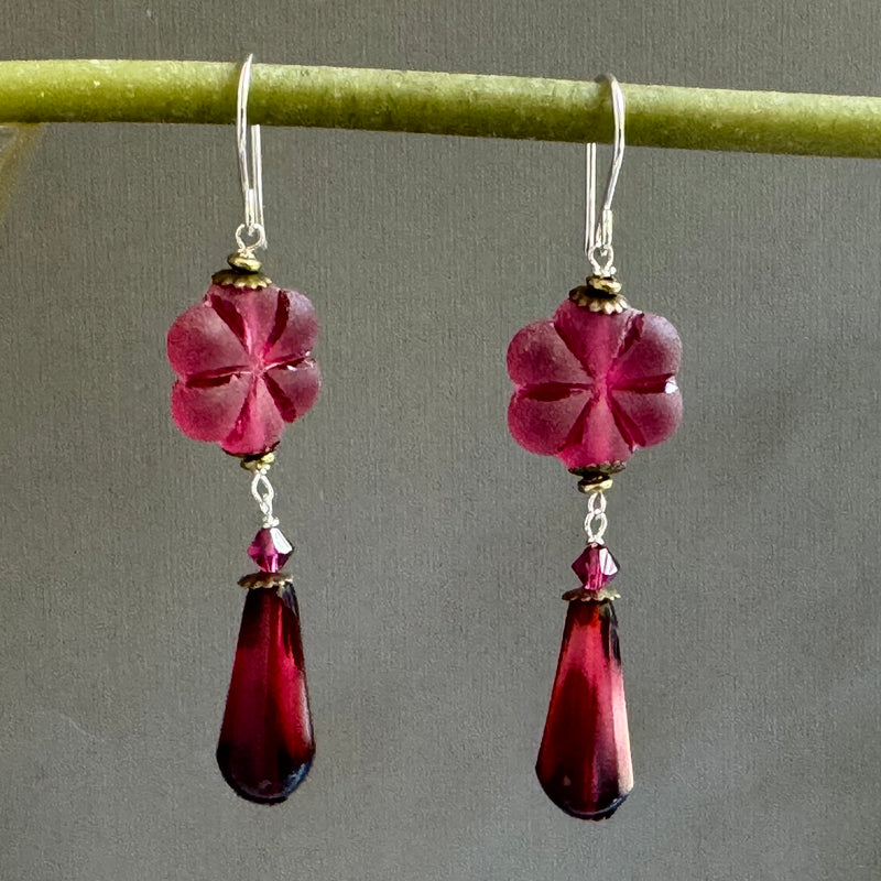 Czech Glass Bright Pink Flower Dangle Earrings in Sterling Silver