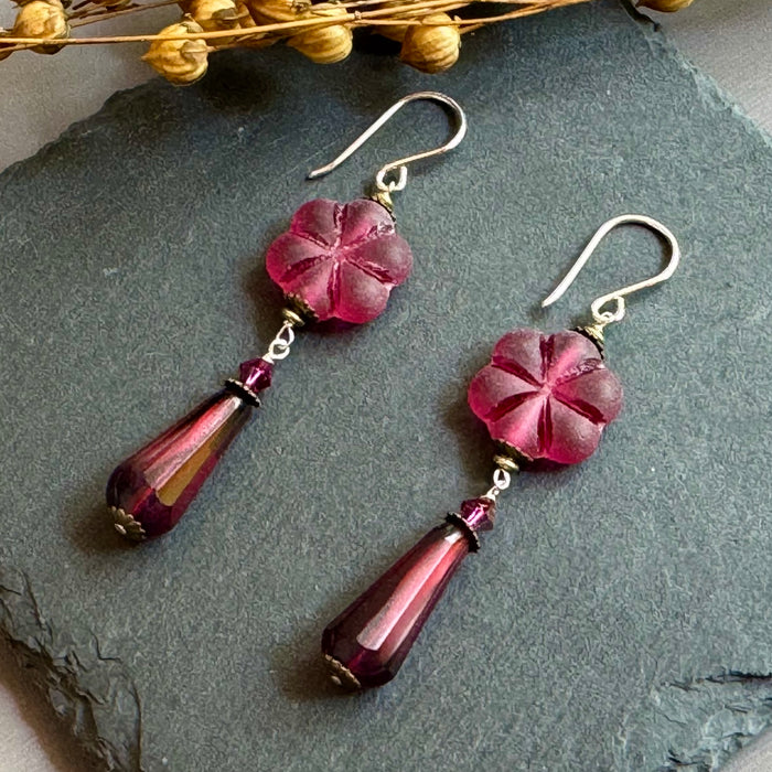 Czech Glass Bright Pink Flower Dangle Earrings in Sterling Silver