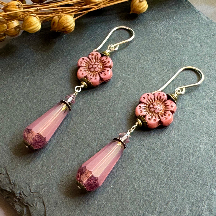 Czech Glass Pink Hawaiian Flower Dangle Drop Earrings