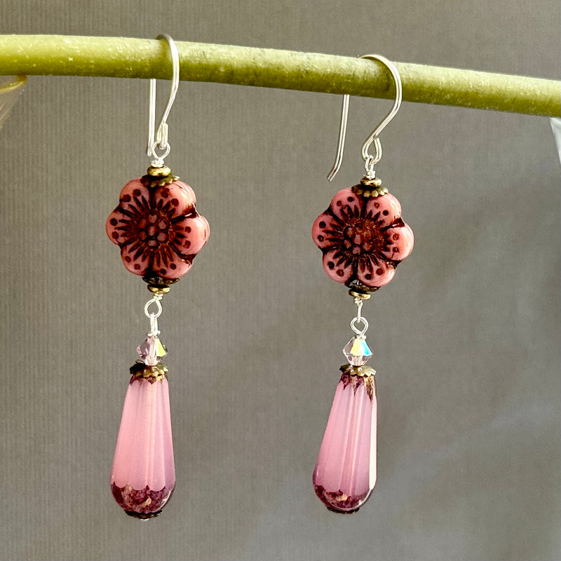 Czech Glass Pink Hawaiian Flower Dangle Drop Earrings
