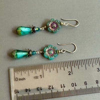 Czech Glass Aqua Hawaiian Flower Dangle Drop Earrings