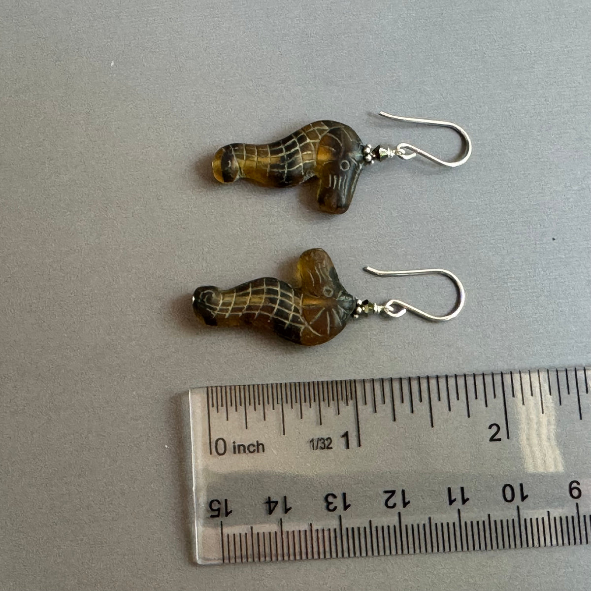 Czech Glass Tortoise Shell Sea Horse Earrings in Sterling Silver
