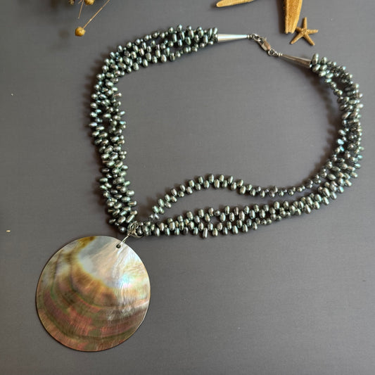 Huge Shell Pendant and 3-Strand Green Freshwater Pearl Necklace in Sterling Silver