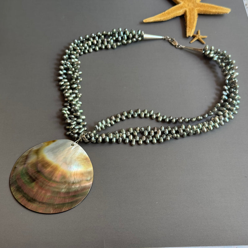 Huge Shell Pendant and 3-Strand Green Freshwater Pearl Necklace in Sterling Silver