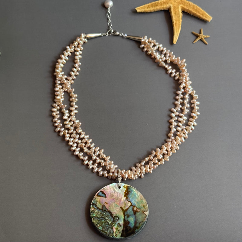 Huge Shell Pendant and Pink Pearl Necklace in Sterling Silver