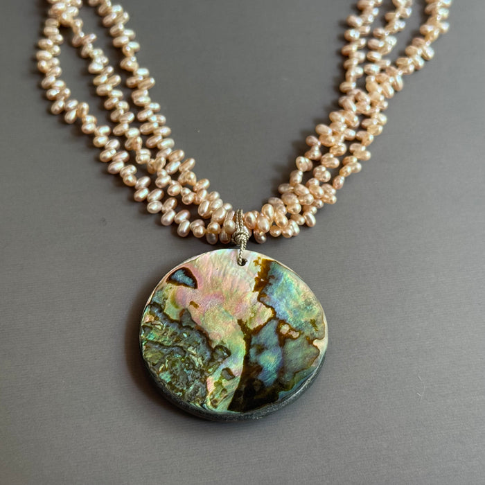 Huge Shell Pendant and Pink Pearl Necklace in Sterling Silver