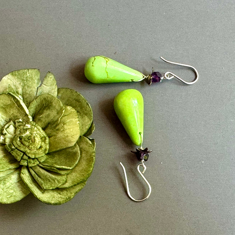 Large Green Turquoise Earrings in Sterling Silver