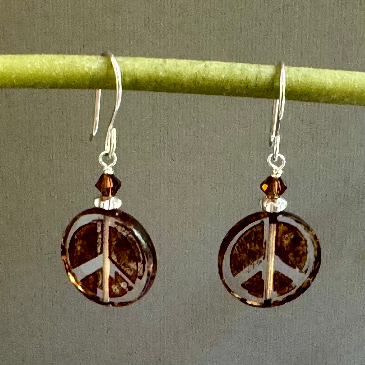 Czech Glass Peace Sign Earrings in Sterling Silver
