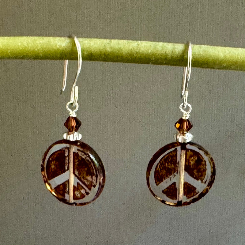 Czech Glass Peace Sign Earrings in Sterling Silver