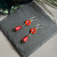 Czech Glass Red Hibiscus Dangle Drop in Sterling Silver