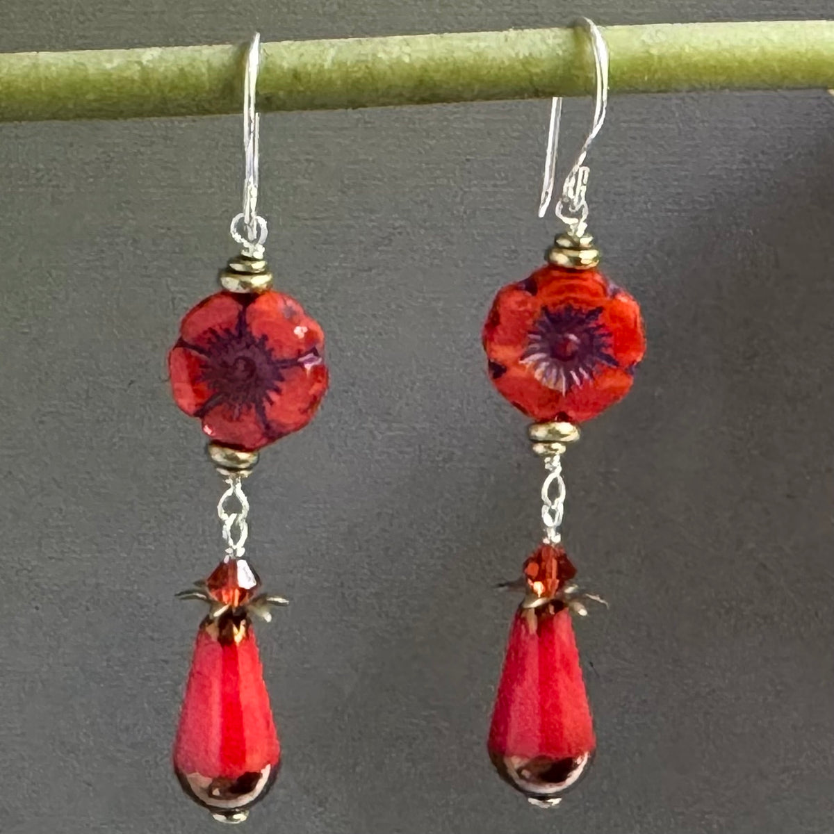 Czech Glass Red Hibiscus Dangle Drop in Sterling Silver