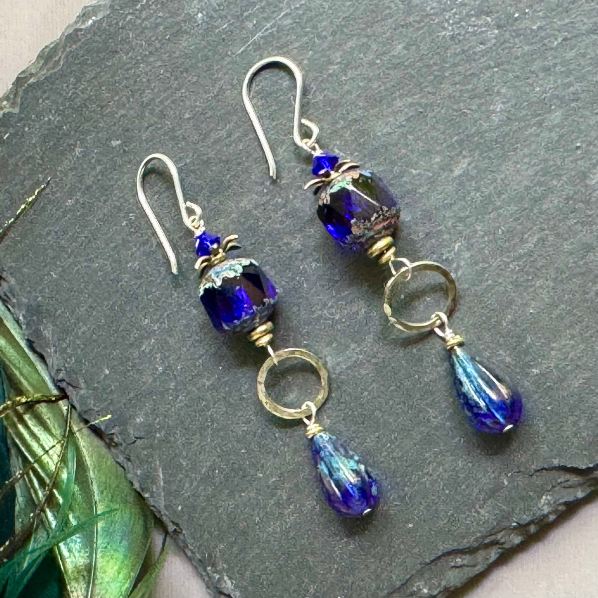 Czech Glass Cobalt Blue Cathedral Drop Earrings in Sterling Silver