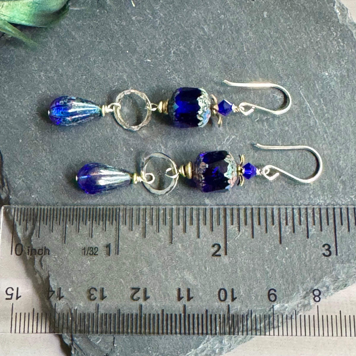 Czech Glass Cobalt Blue Cathedral Drop Earrings in Sterling Silver