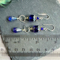 Czech Glass Cobalt Blue Cathedral Drop Earrings in Sterling Silver
