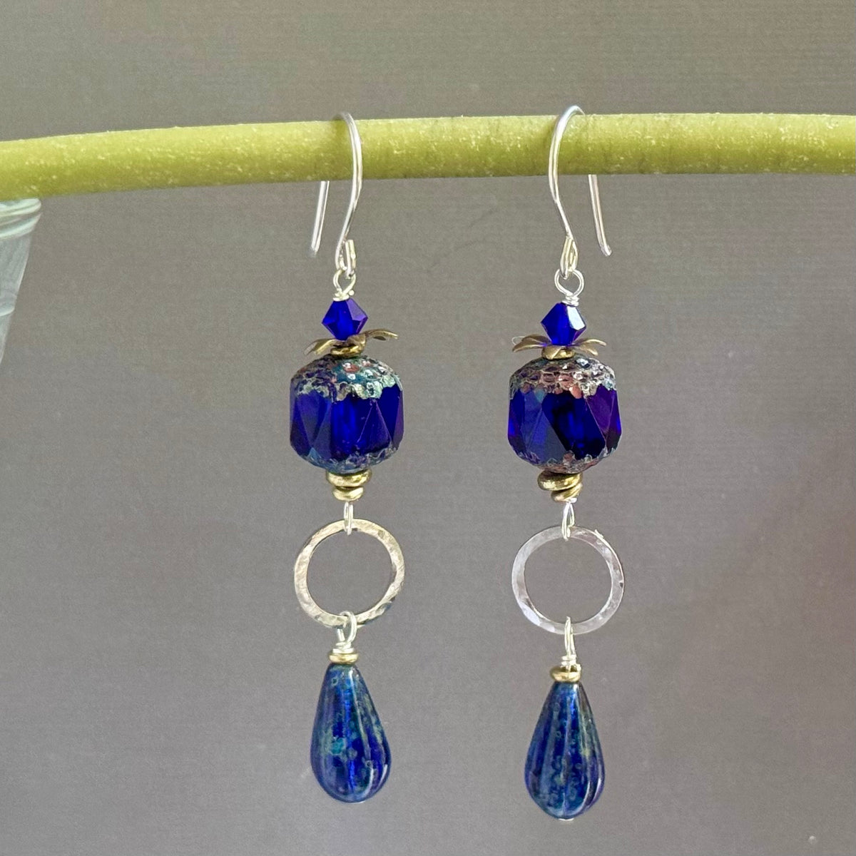 Czech Glass Cobalt Blue Cathedral Drop Earrings in Sterling Silver