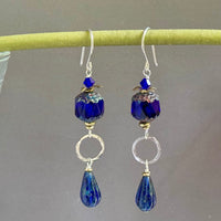 Czech Glass Cobalt Blue Cathedral Drop Earrings in Sterling Silver