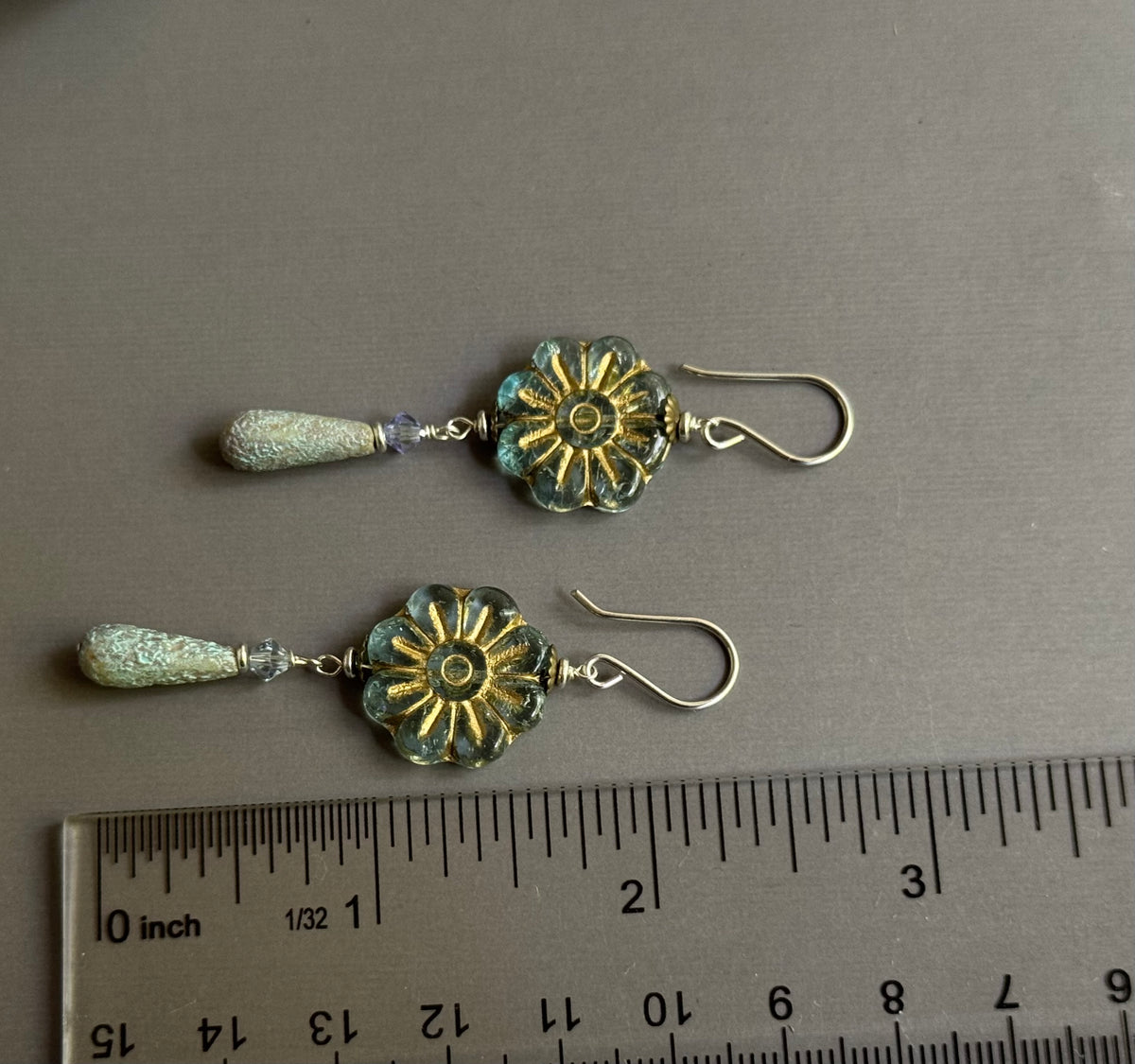 Czech Glass Light Blue Flower Drop Earrings in Sterling Silver