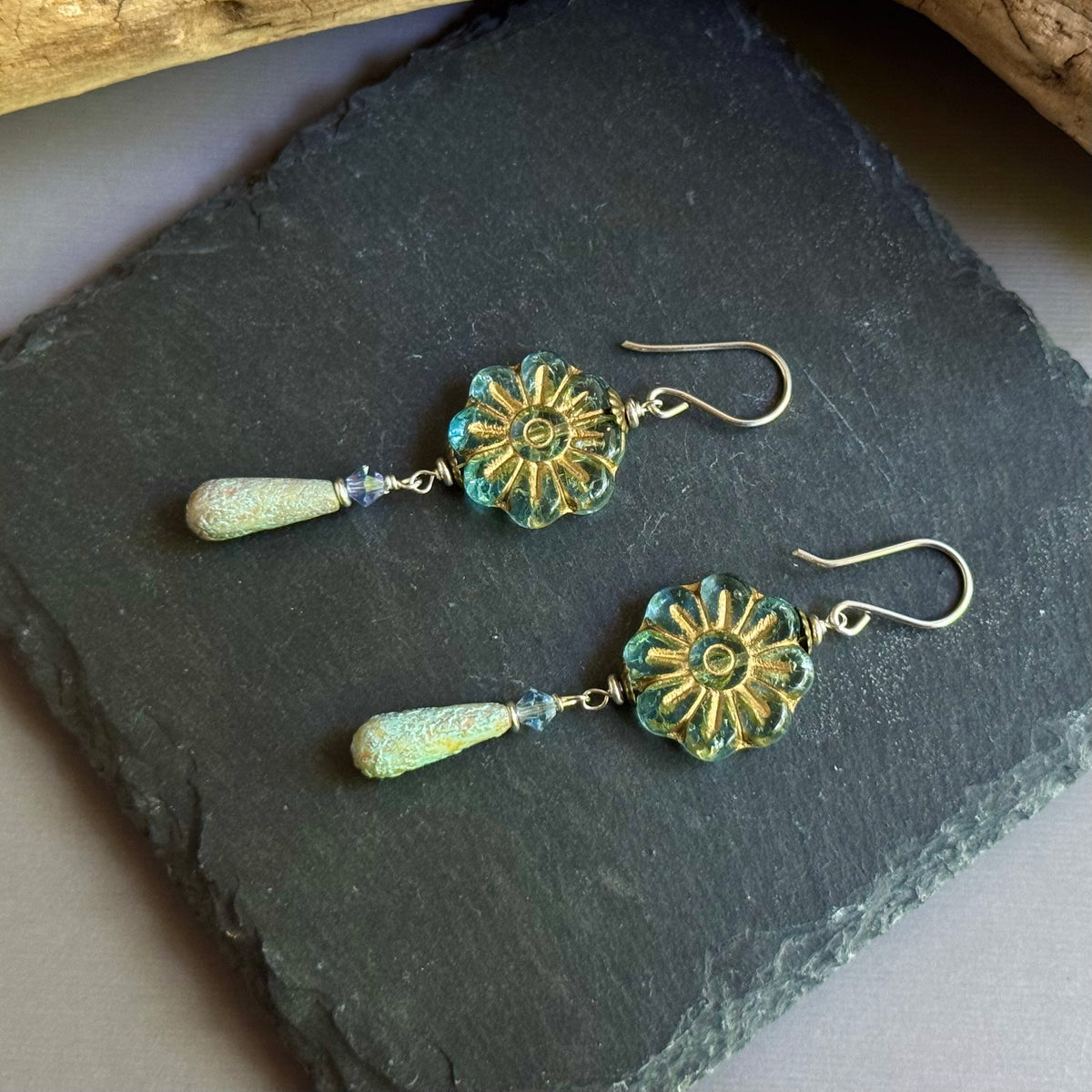 Czech Glass Light Blue Flower Drop Earrings in Sterling Silver