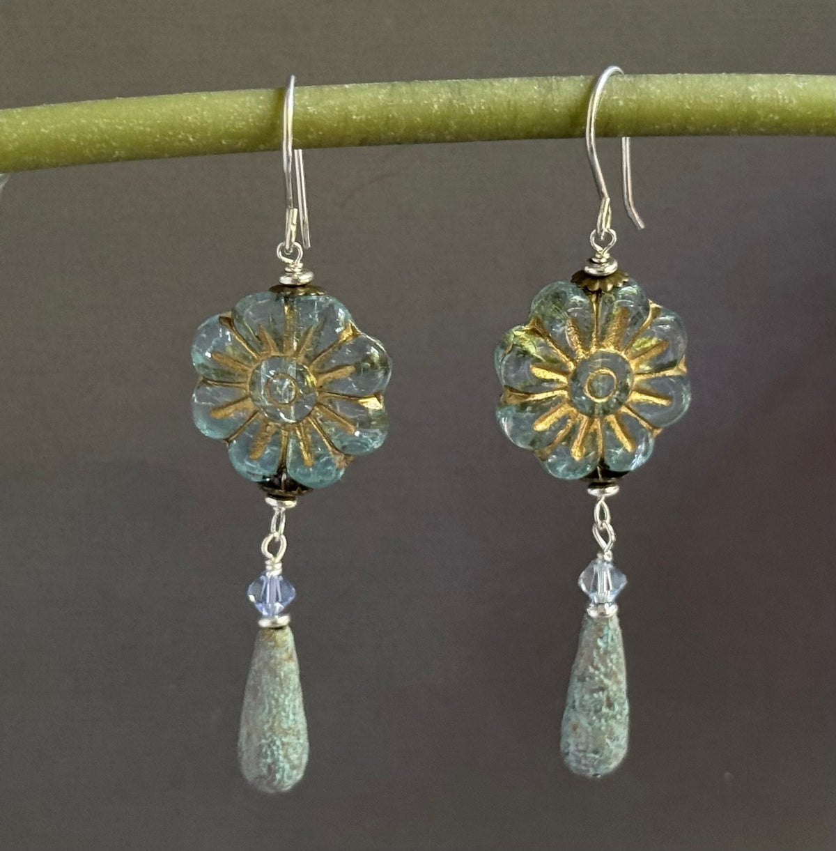 Czech Glass Light Blue Flower Drop Earrings in Sterling Silver