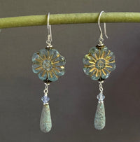 Czech Glass Light Blue Flower Drop Earrings in Sterling Silver