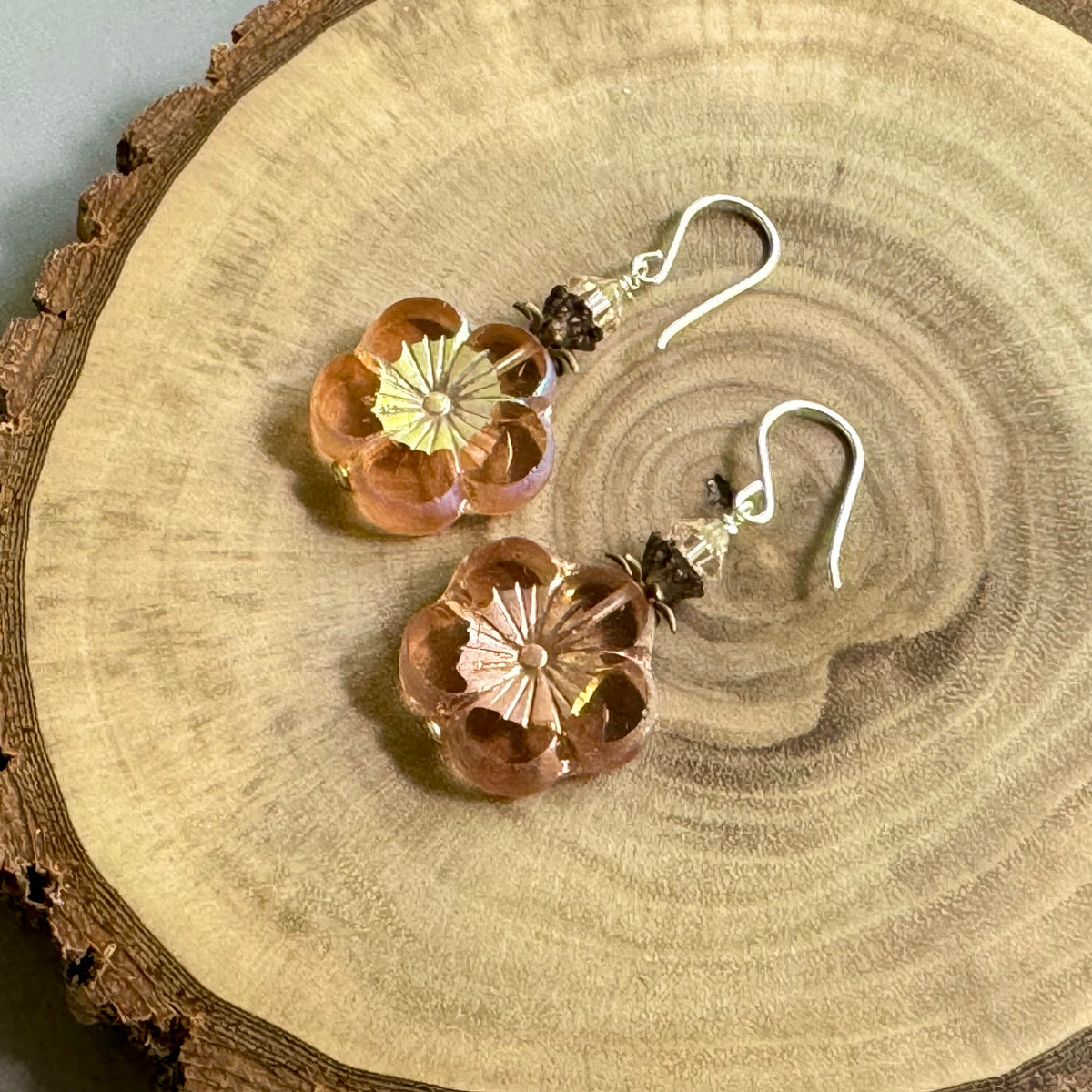 Large Czech Glass Peach Hawaiian Flower Earrings in Sterling Silver
