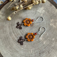 Czech Orange Flower and Copper Bee Earrings in Sterling Silver