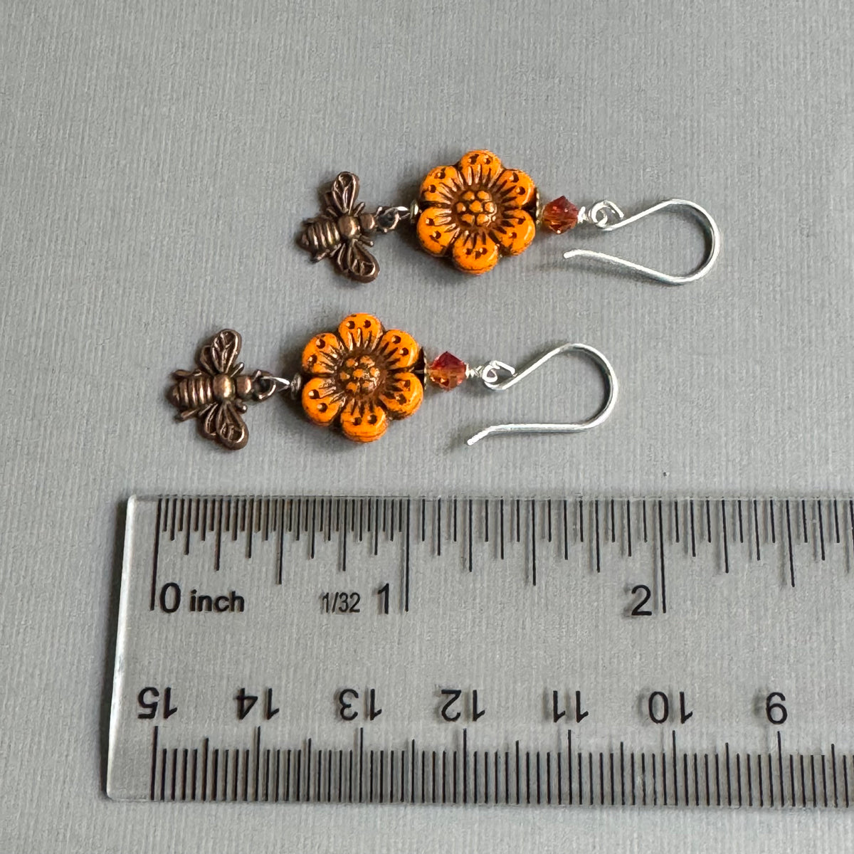 Czech Orange Flower and Copper Bee Earrings in Sterling Silver