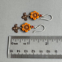 Czech Orange Flower and Copper Bee Earrings in Sterling Silver