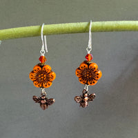 Czech Orange Flower and Copper Bee Earrings in Sterling Silver