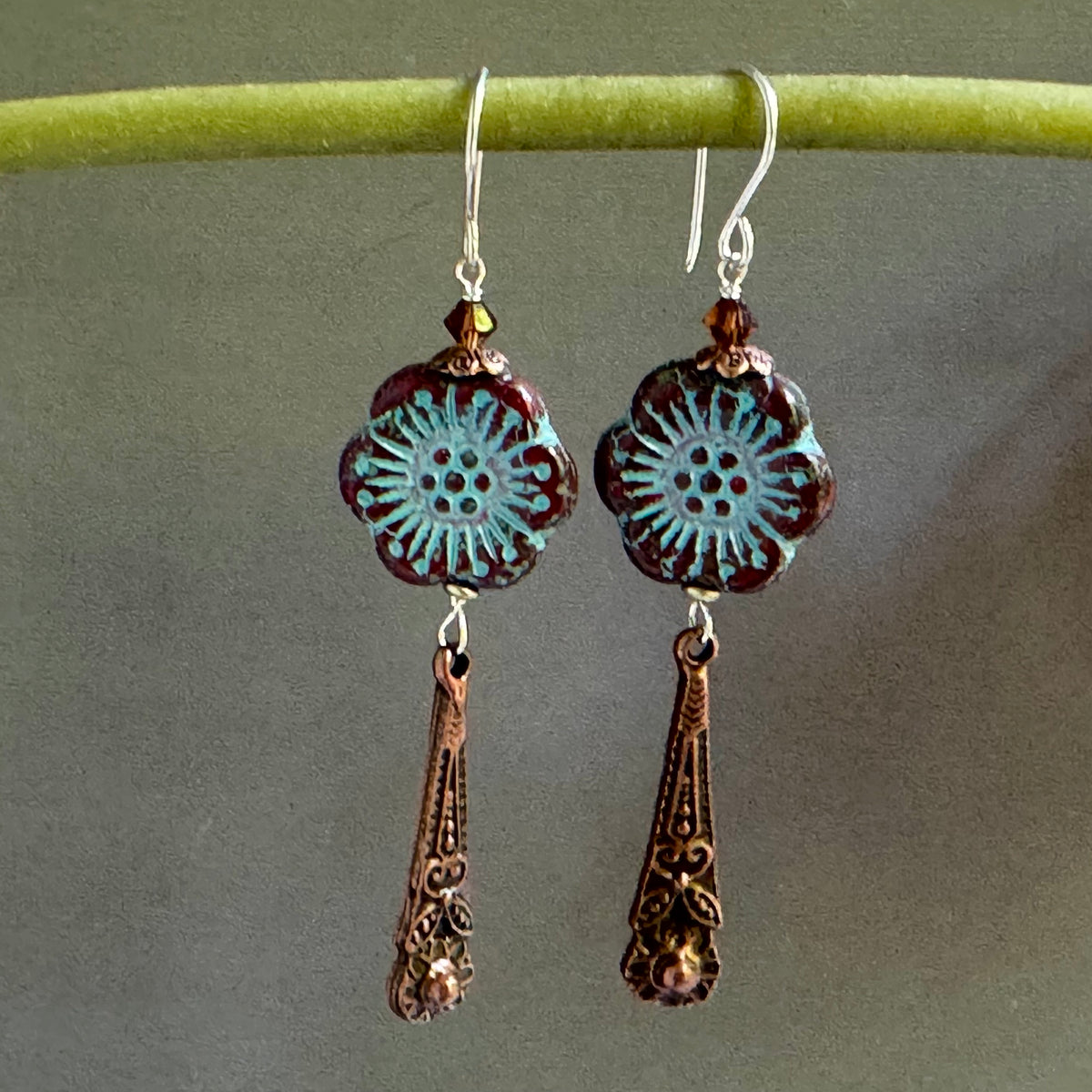 Czech Brown and Blue Flower Long Dangle Earrings in Sterling Silver