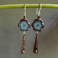 Czech Brown and Blue Flower Long Dangle Earrings in Sterling Silver