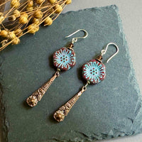 Czech Brown and Blue Flower Long Dangle Earrings in Sterling Silver