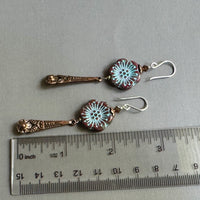 Czech Brown and Blue Flower Long Dangle Earrings in Sterling Silver