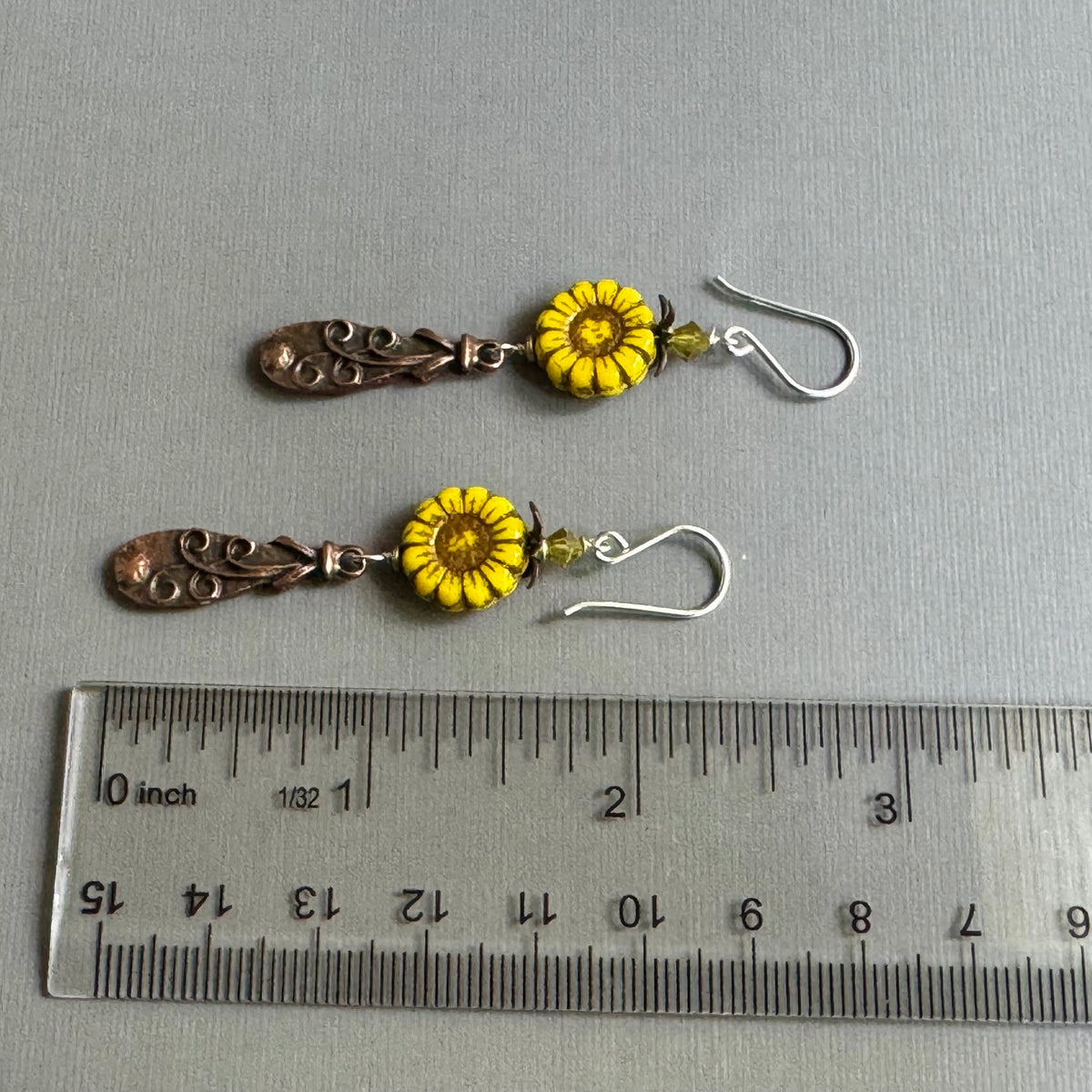 Czech yellow Flower and Copper Flower Dangle Earrings in Sterling Silver