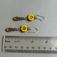 Czech yellow Flower and Copper Flower Dangle Earrings in Sterling Silver